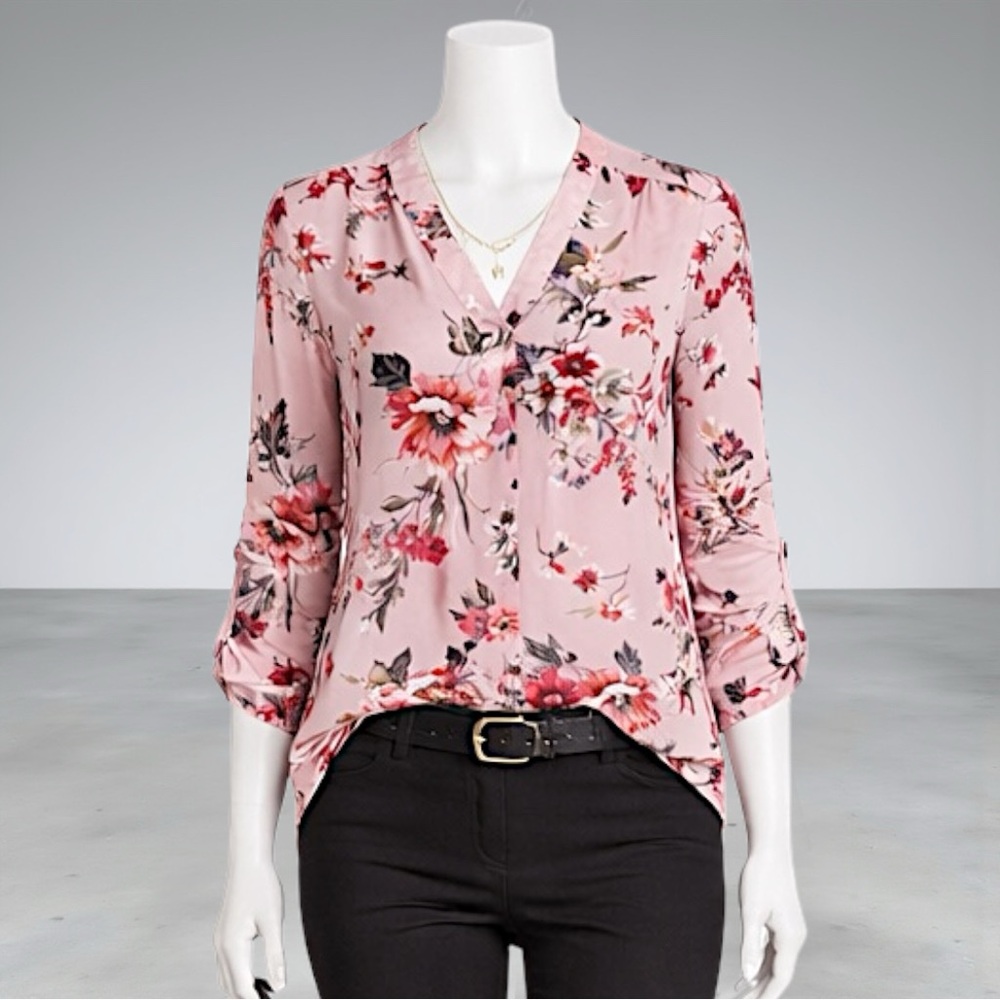 Zac & Rachel Blush Floral Print Roll-Tab Sleeve Blouse - Picture 11 of 11
